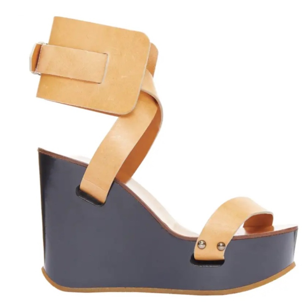 Signature Unique Chloe Tan Leather Wedge Crisscross Wood Platform Sandals - Picture 3 of 8